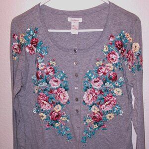 NWTS, SUNDANCE, SIZE M, GRAY/ COLORFULLY EMBROIDERED, 6 BUTTON PULLOVER SWEATER